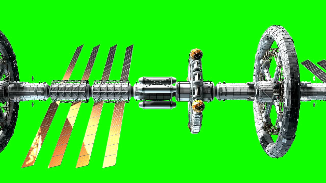 녹색 화면에서 공상 과학 행성 간 우주선