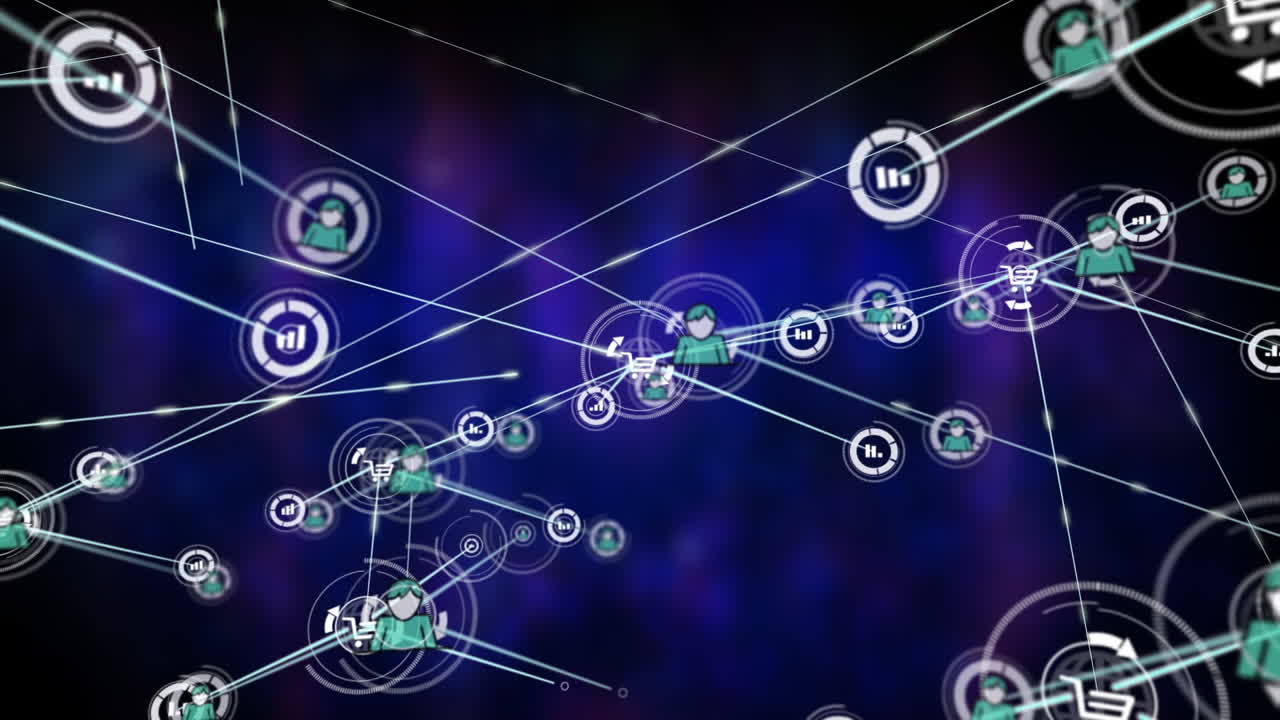 animación de la red de conexiones con iconos sobre fondo azul