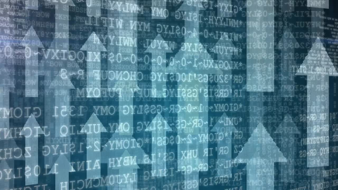 animación digital del procesamiento de datos contra múltiples iconos de flecha hacia arriba sobre fondo azul