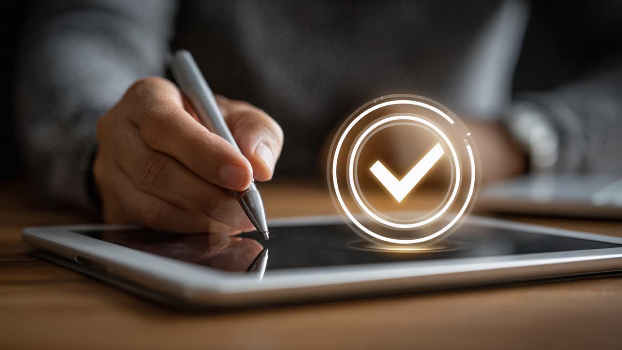 A Person Using a Tablet with a Stylus and Digital Checkmark Symbolizing Confirmation in a Modern Workspace
