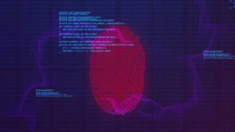 Animation-of-illuminated-fingerprint-over-abstract-patterns-and-computer-language-on-blue-background
