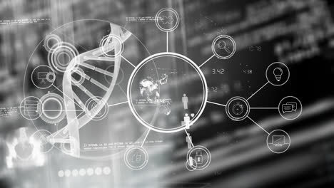 animation of dna strand spinning and medical data processing on screens