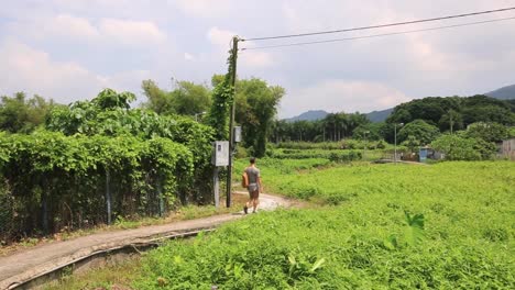 caucasian man walking on countryside hiking trail in hong kong