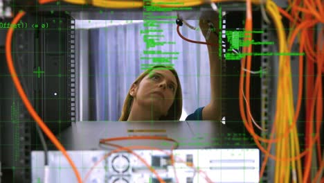 Animation-of-data-processing-over-caucasian-woman-in-server-room