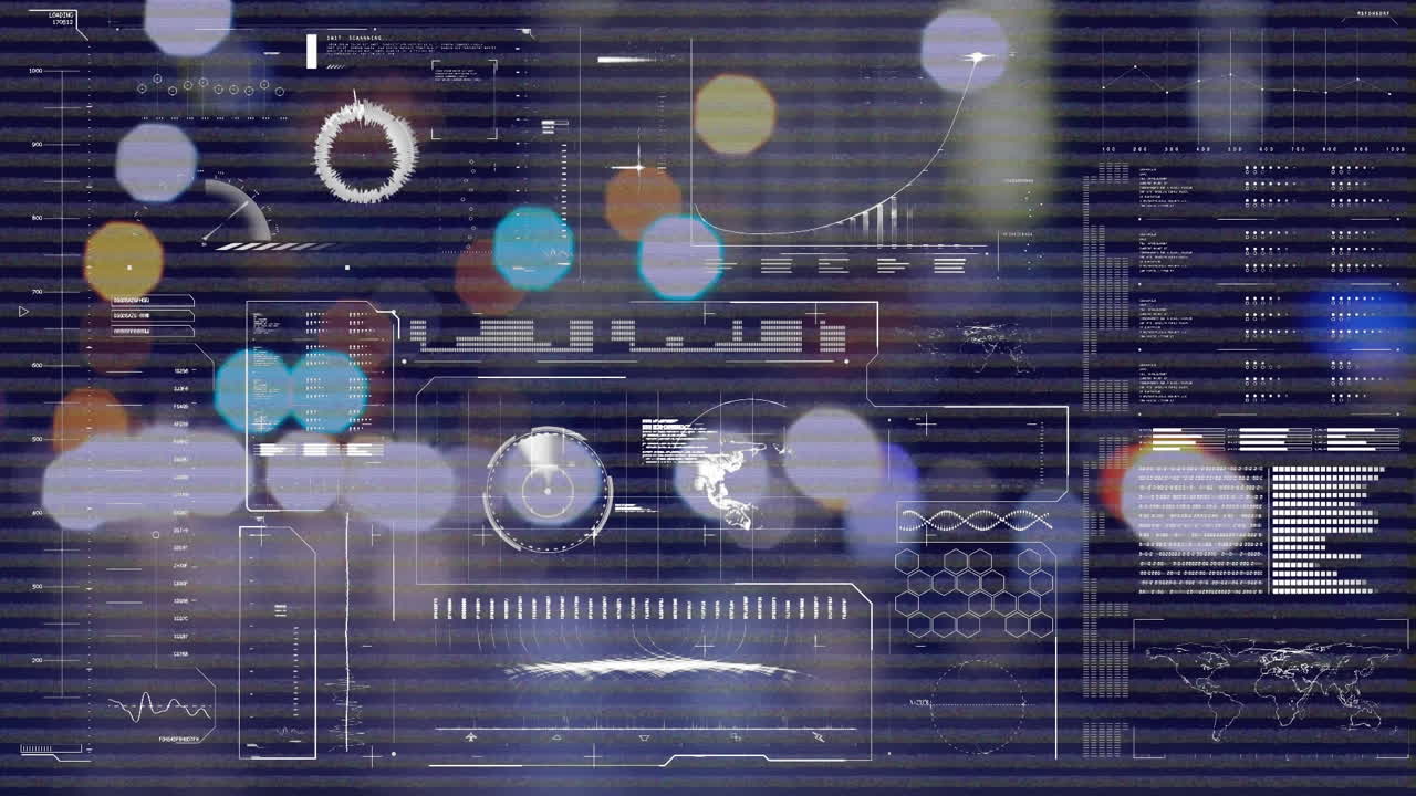 Animation of statistics and data processing on screen over out of focus lights