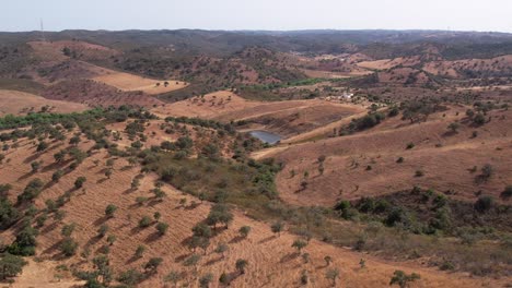 volando sobre el pequeño lago en medio del paisaje montañoso en alentejo, portugal