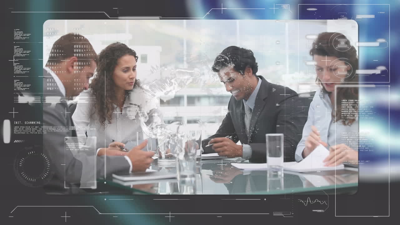 Animation of data processing over diverse business people in office ...