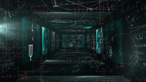 Mathematical-equations-floating-against-screens-with-mathematical-symbols-on-green-background