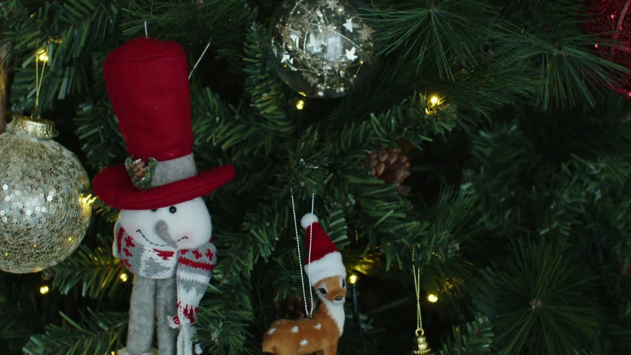 Close up of christmas tree decorated with snowman and reindeer ornaments