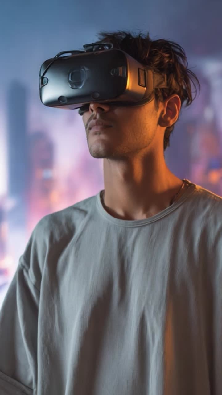 Immersive Virtual Reality Experience: A Young Man Engaging with a Futuristic Digital World Through VR Headset in a Vividly Colorful Environment