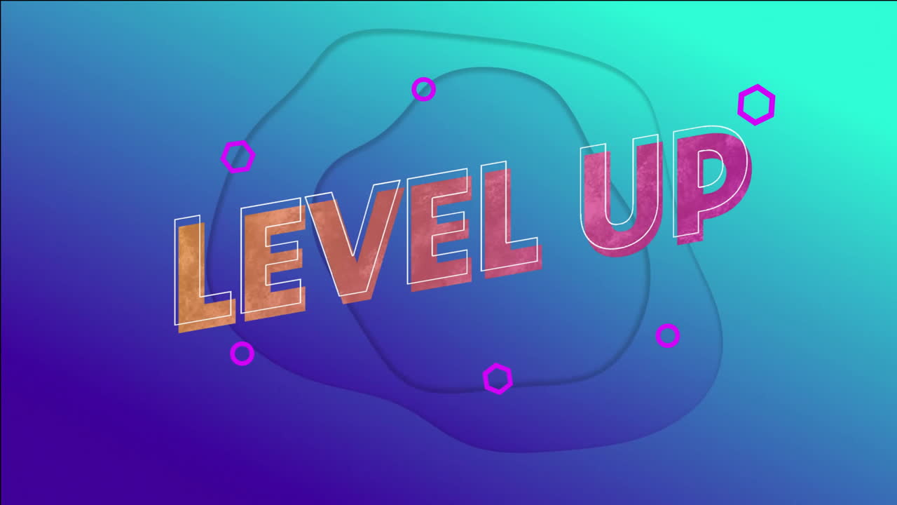 Level up text animation over blue shapes on gradient background