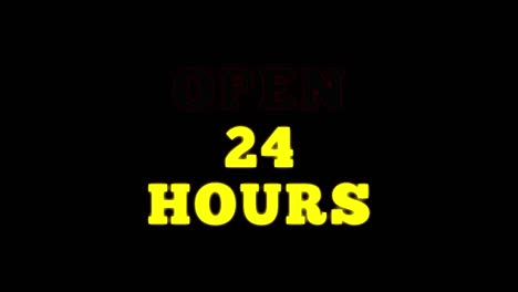 vídeo de neón de las palabras abierto 24 horas parpadeando alternativamente en un fondo negro, 4k 60 fps