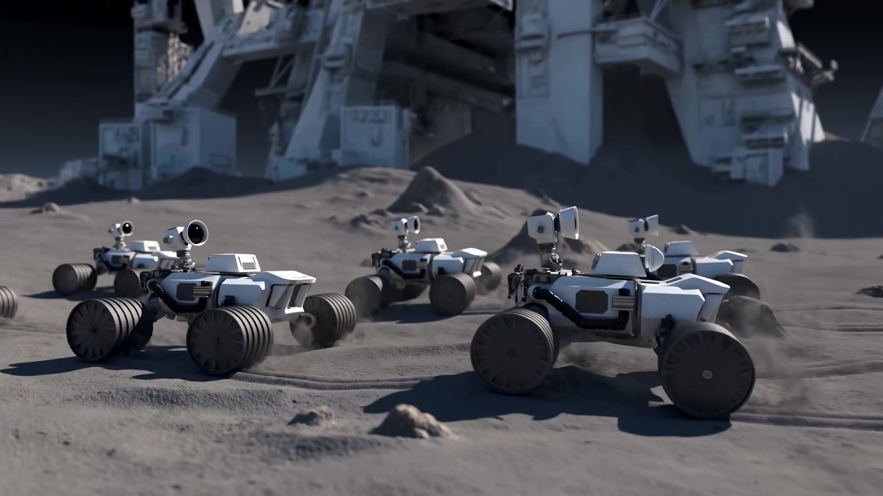 Diversi rover lunari attraversano la luna polverosa vicino a un'enorme nave madre atterrata, telecamere che scansionano la superficie craterizzata.