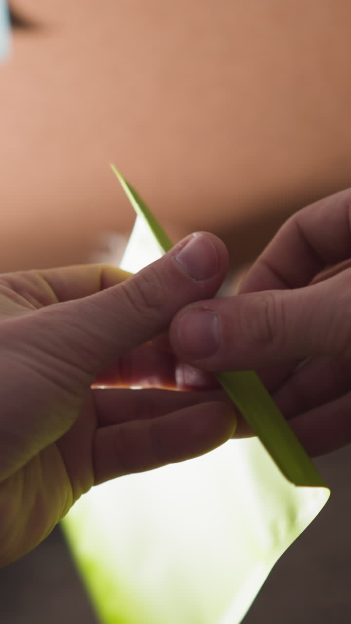 apertura de la bolsa de embalaje verde pov, preparación para el envío al mercado