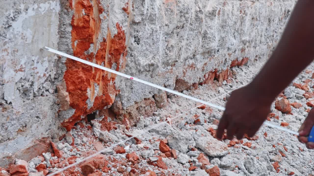 builder Measuring Boundary Line Distance with Tape at Building Site. day time, stable shot, 4k