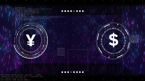 animation of currency symbols with data processing over light trails on black background