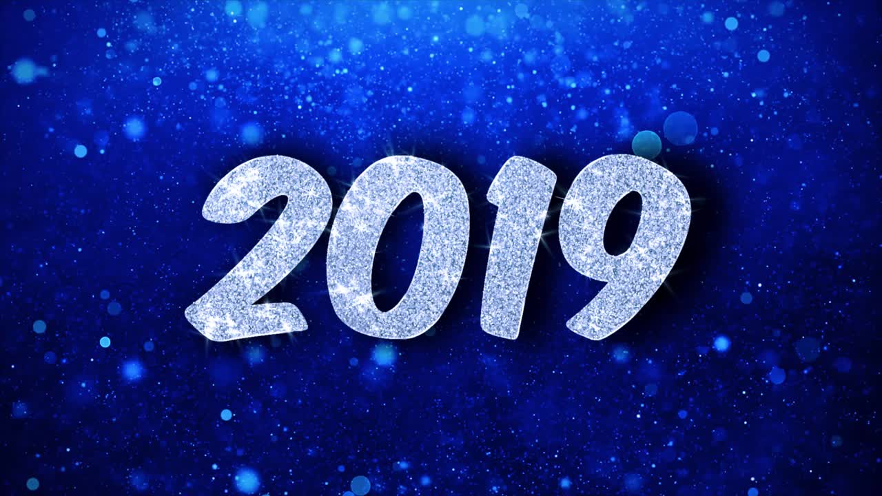2019 New Year's Glitter Text on Blue Background