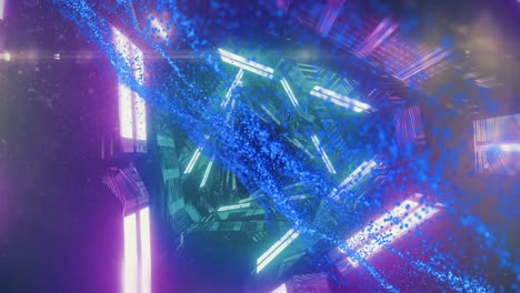 animación de formas triangulares iluminadas girando y puntos azules formando línea