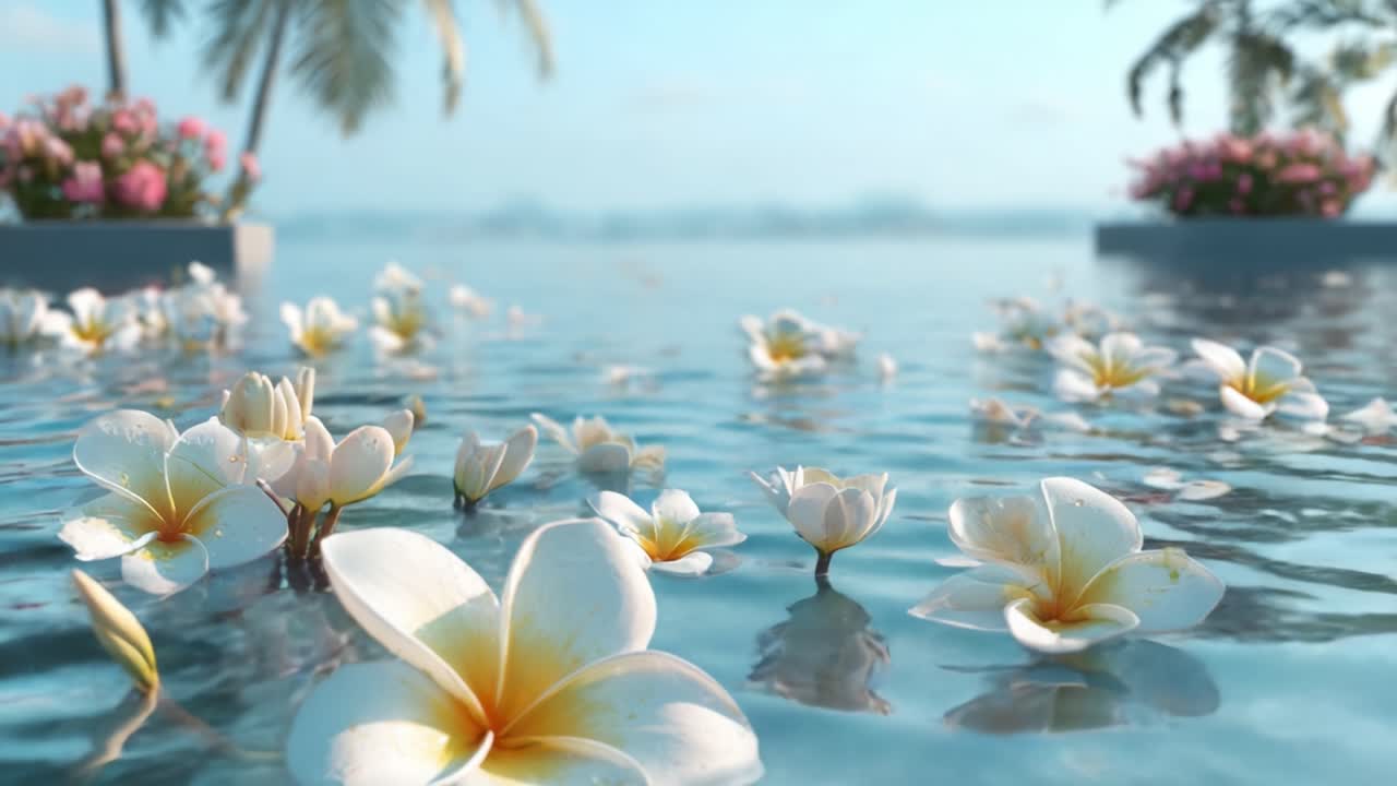 Un'oasi serena: Fiori di frangipane che galleggiano in una piscina tranquilla circondata da una lussureggiante vegetazione e fioriture vivaci sotto un cielo azzurro limpido
