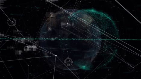 animación de la red de conexiones y procesamiento de datos sobre un fondo oscuro