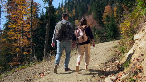 couple hiking in autumn forest