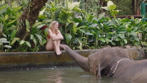 woman playing with elephant in zoo spraying water having fun on exotic vacation in tropical forest sanctuary