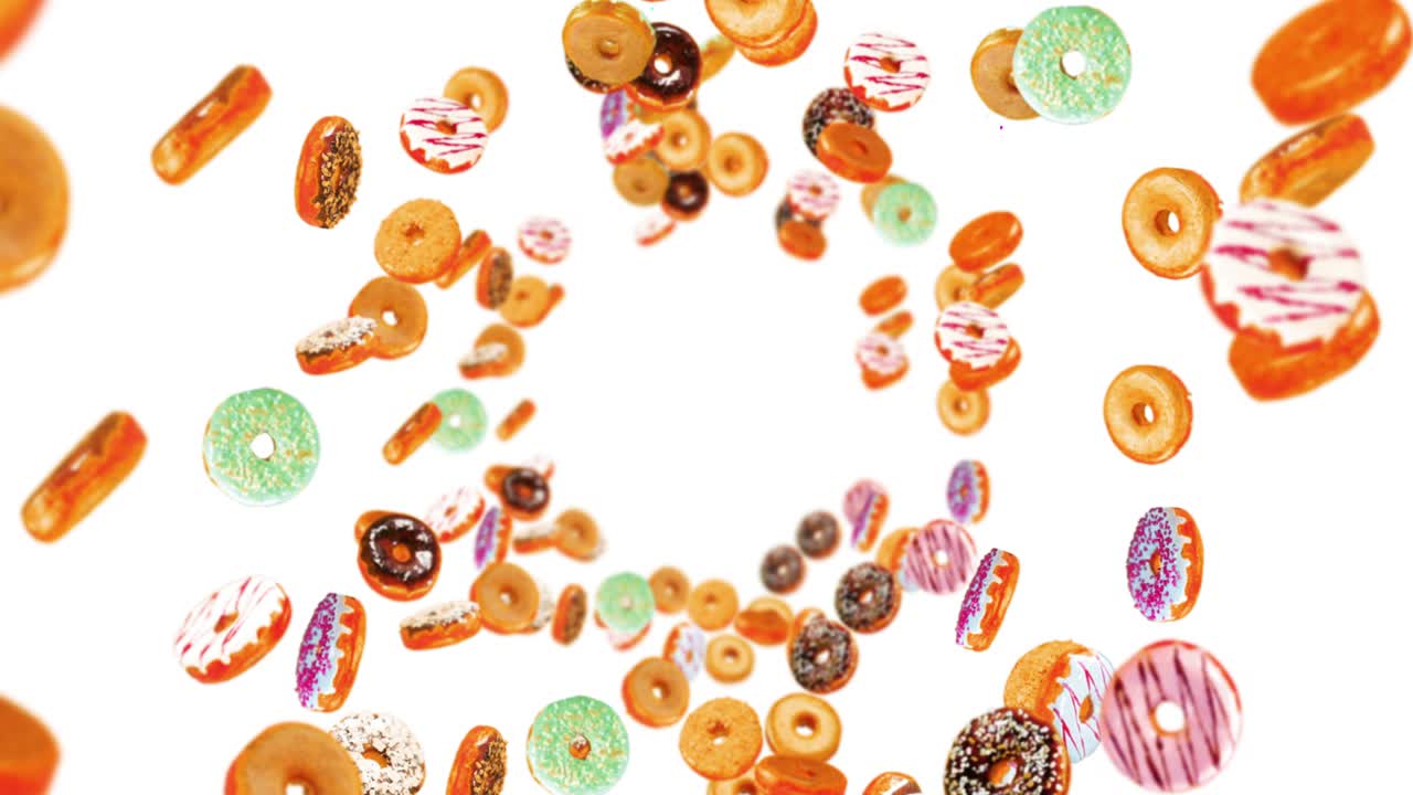 Flying many colorful donuts on white background. Doughnut cake, Sweets, Dessert. 3D animation of donut rotating. Loop animation.