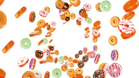 flying many colorful donuts on white background. doughnut cake, sweets, dessert. 3d animation of donut rotating. loop animation.