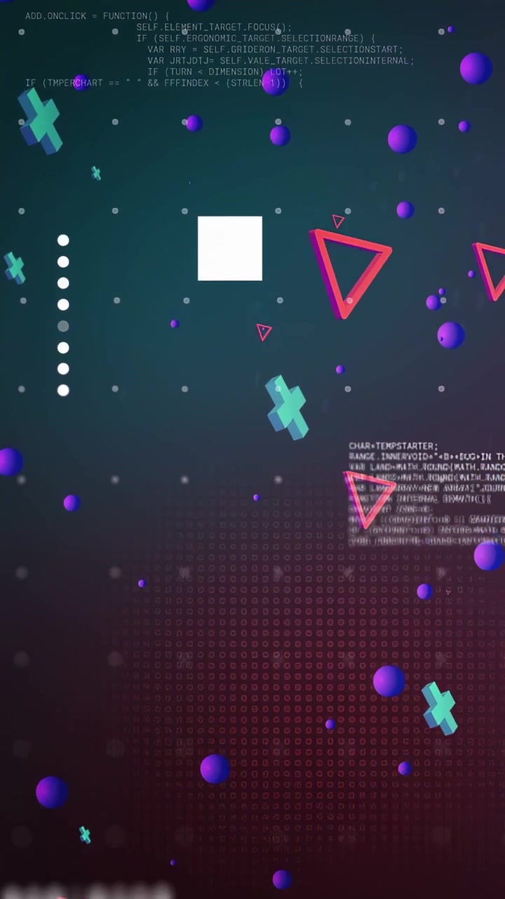 Vertical video: Particles and neon shapes animating as triangles spawn, rotating into looping HUD