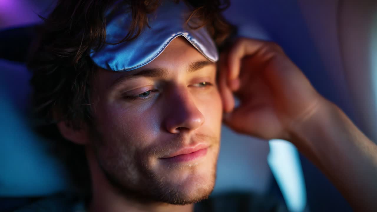 Relaxed Passenger Enjoying a Peaceful Moment with Sleep Mask on While Traveling on an Airplane, Indulging in Comfort and Serenity in a Calm Environment, Ready for a Refreshing Journey Ahead