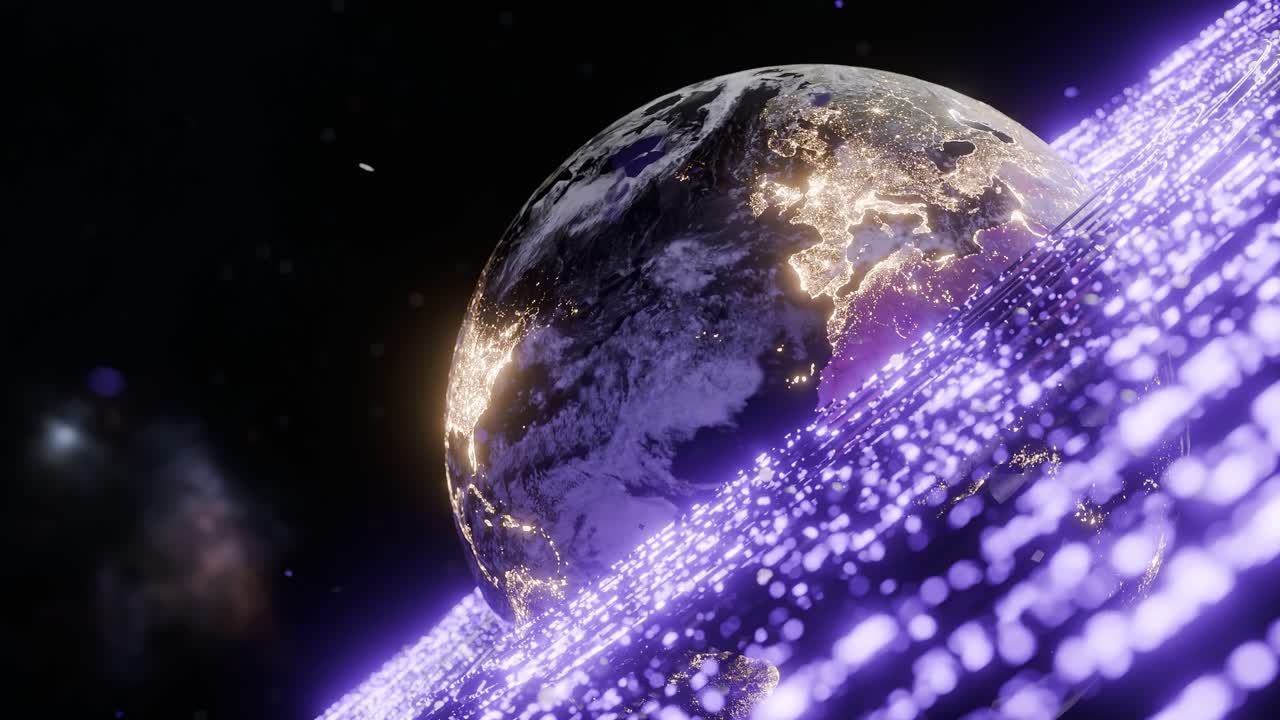 Glowing Earth showing illuminated Europe, Africa, Asia with digital purple particles in outer space. 3D rendering with night lights and purple wave. Futuristic technology and global connection