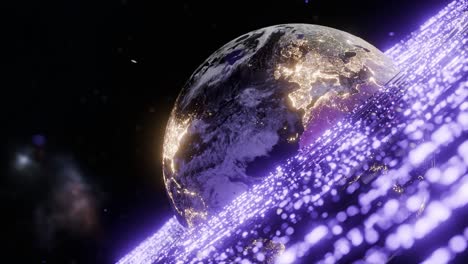 glowing earth showing illuminated europe, africa, asia with digital purple particles in outer space. 3d rendering with night lights and purple wave. futuristic technology and global connection