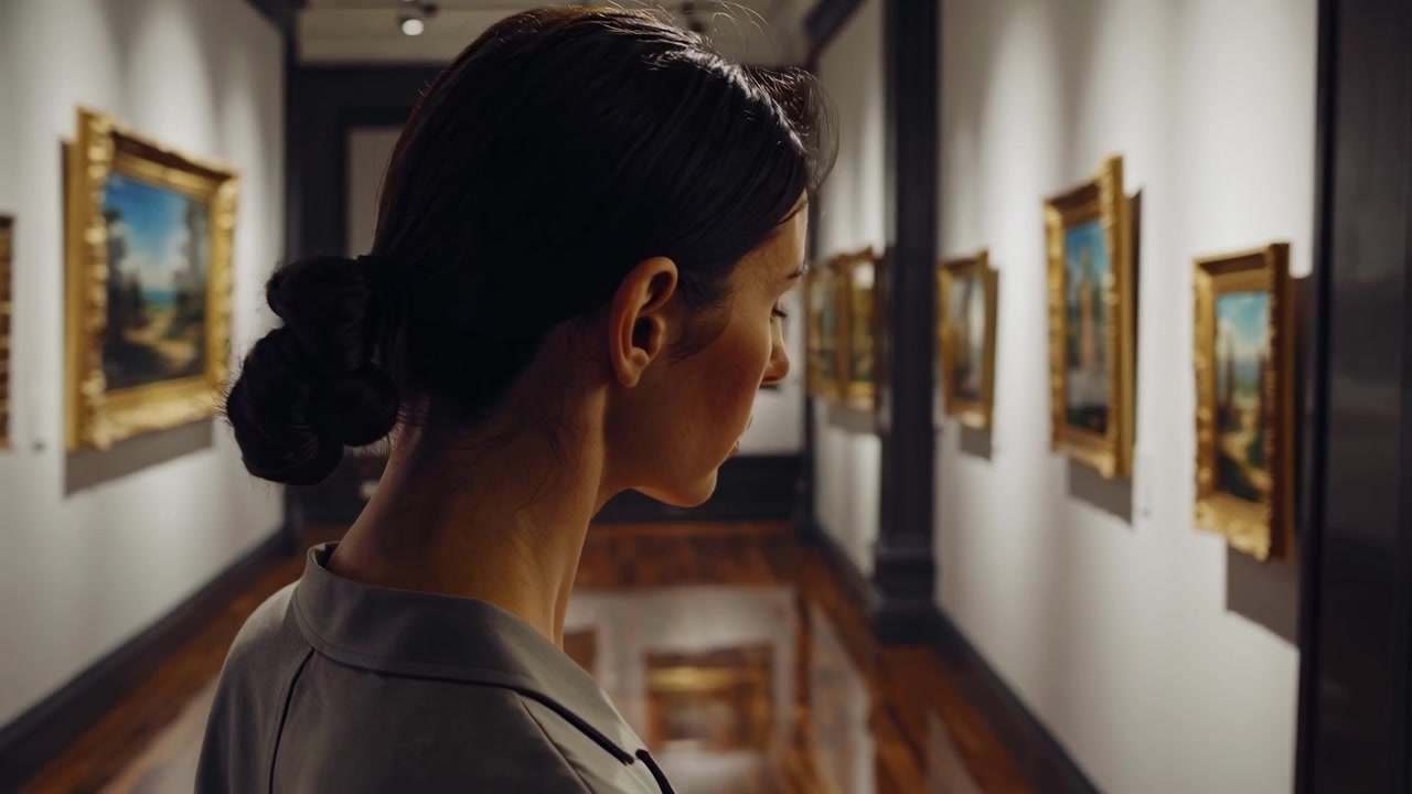 Giovane donna che contempla l'arte in una galleria museale