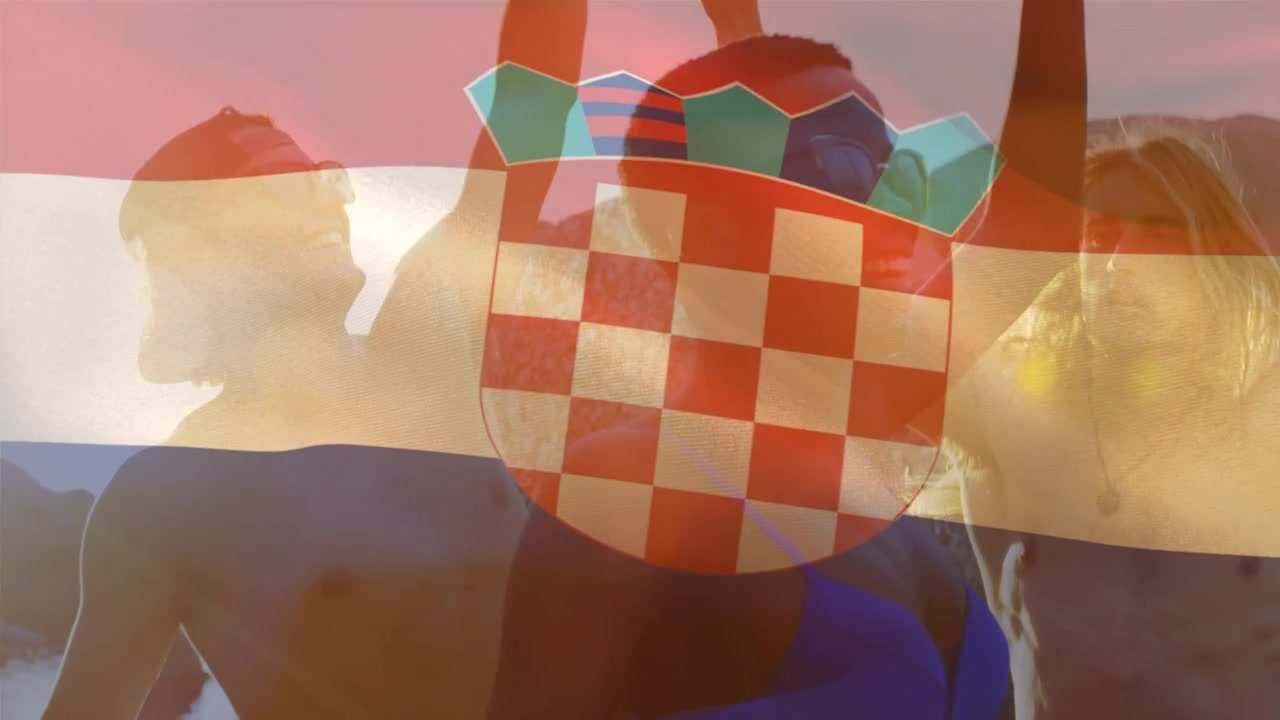 Animation of waving croatia flag over group of friend on the beach