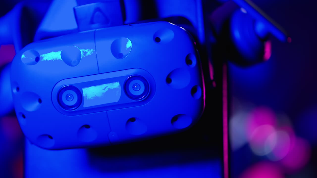 Close up of a Virtual Reality headset in a lighted studio