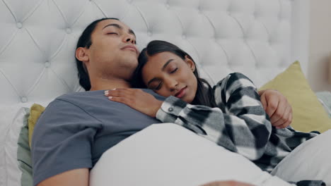 Couple,-man-and-woman-sleeping-for-rest-in-bed