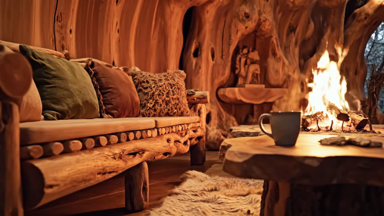 Cozy Log Cabin Interior with Fireplace