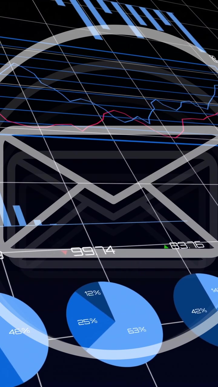 Icona email sovrapposta a grafici finanziari su schermo digitale con effetti di animazione