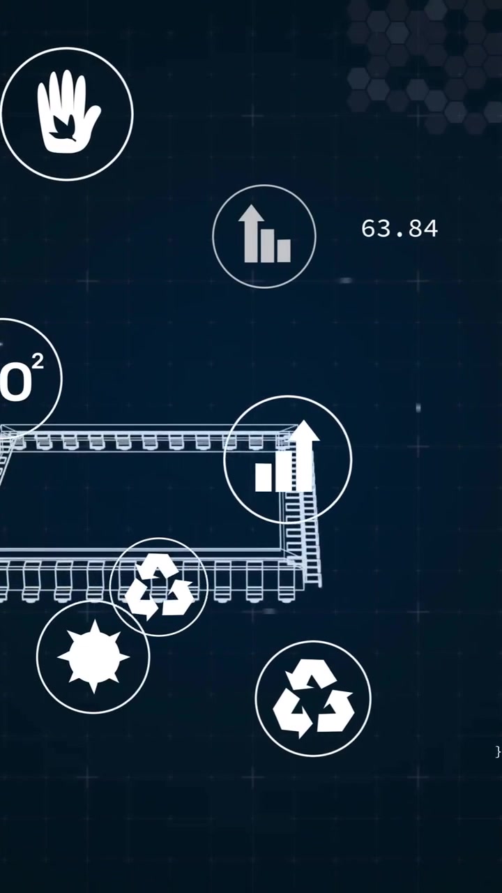 Digitalt bylandskab med miljøikoner og overlejret animation af databehandling.