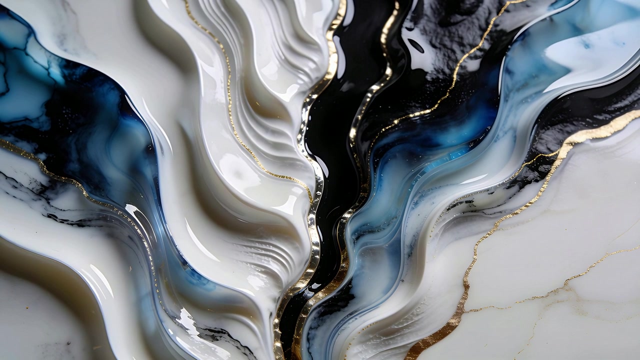 Nach dem Gießen setzt sich eine sich verschiebende Harzplatte auf einem Kunsttisch mit weißen und blauen Bändern ab, mit dunklem Kern und goldenen Adern.