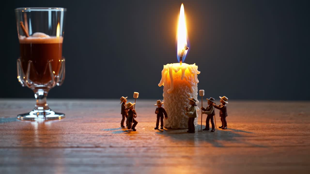 Miniature figures in western attire are roasting marshmallows over a large burning candle on a wooden table, with a glass of hot chocolate in the background, creating a cozy and whimsical scene