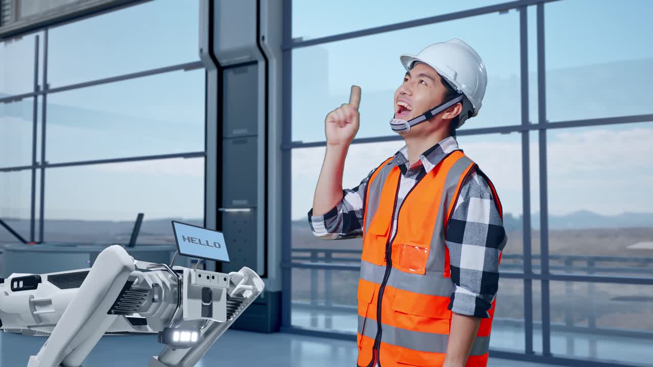 안전 헬을 입은 아시아 남성 엔지니어가 하이테크 공장에서 로 기계 개념을 분석하며 무언가를 생각하고 주위를 둘러보며 지표손가락을 들어 올린다.
