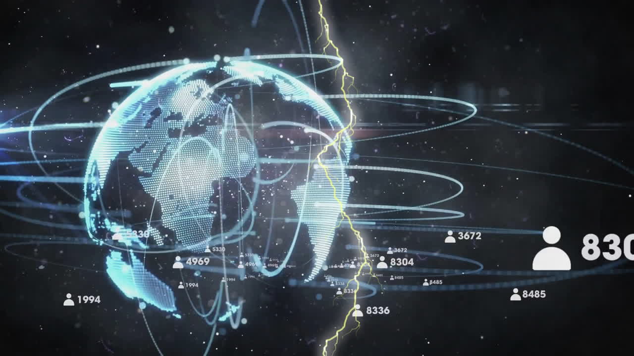 Animation of people icons and processing data over globe and glowing network on night sky