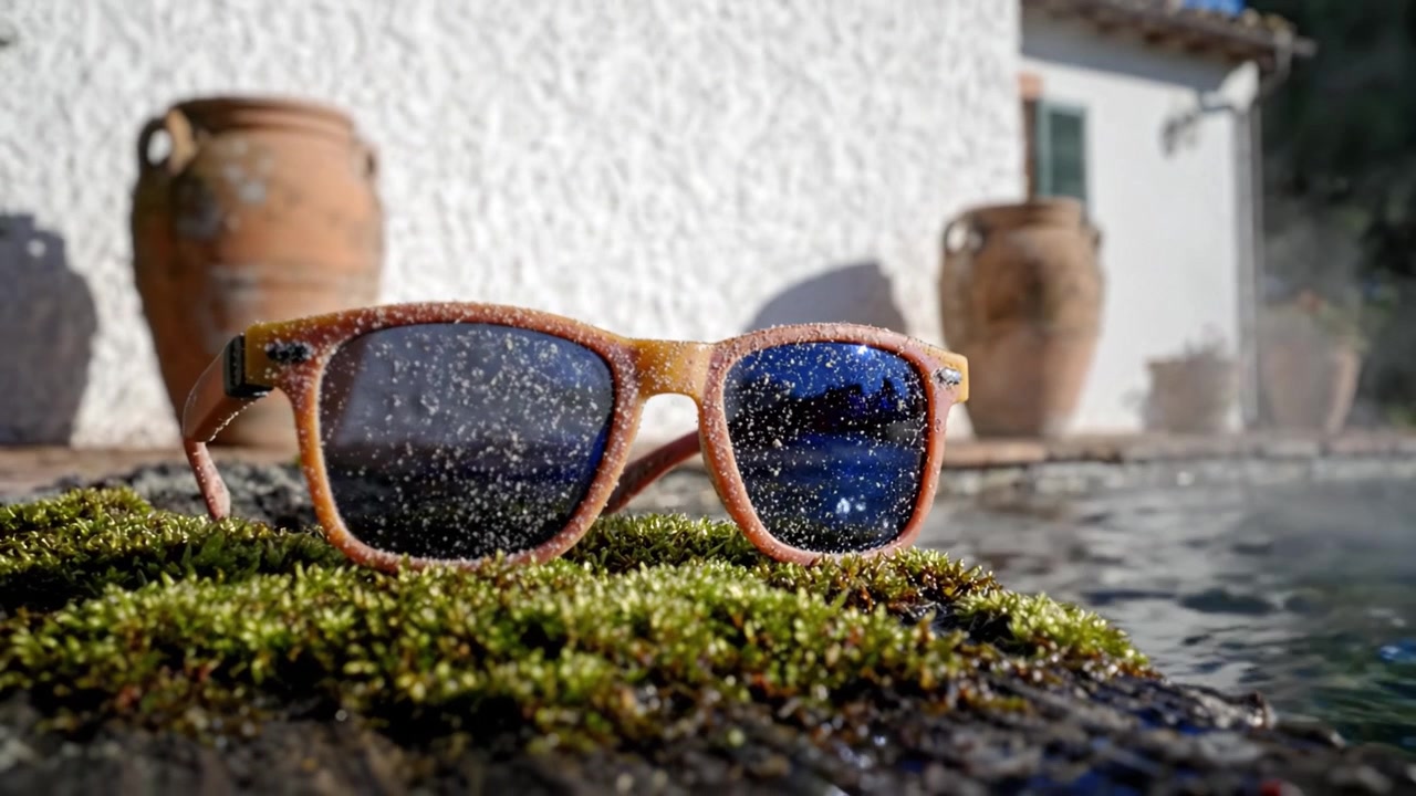 Occhiali da Sole Scintillanti su Pietra Muschiosa a Bordo Piscina, Catturando Riflessi e Goccioline d'Acqua in un'Atmosfera Rilassante di Calore e Serenità