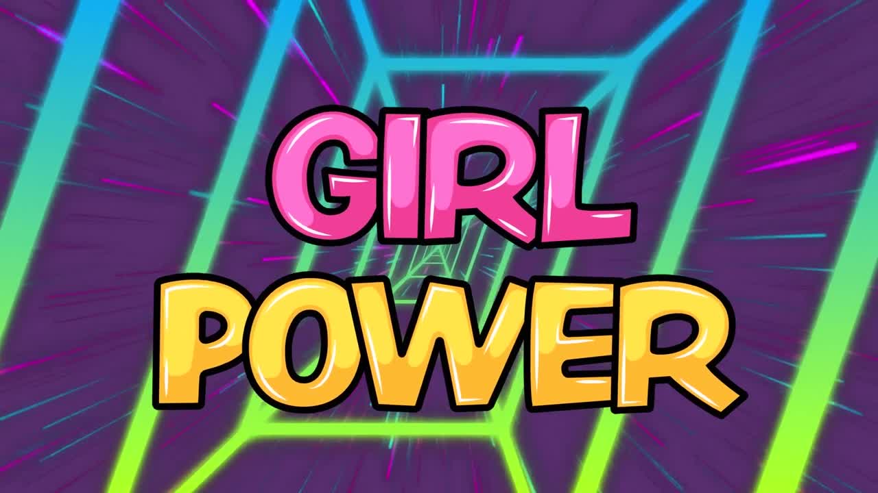 animación del texto de girl power sobre un túnel de neón y senderos de luz sobre un fondo púrpura