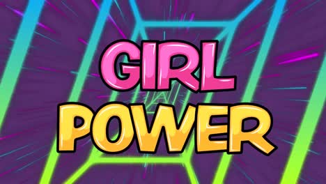 animación del texto de girl power sobre un túnel de neón y senderos de luz sobre un fondo púrpura