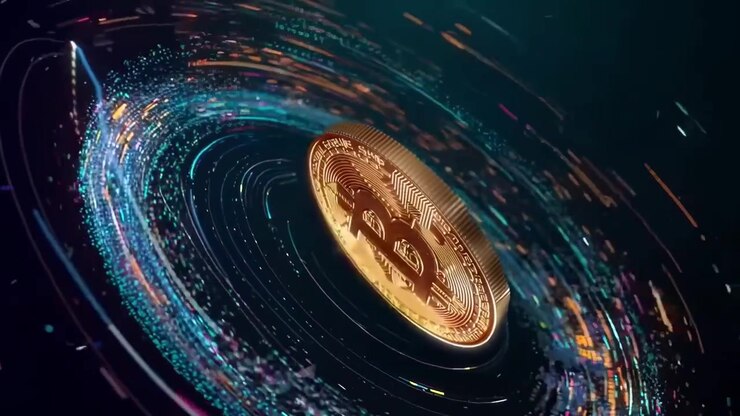 Moneta Bitcoin dorata che ruota in un vortice digitale