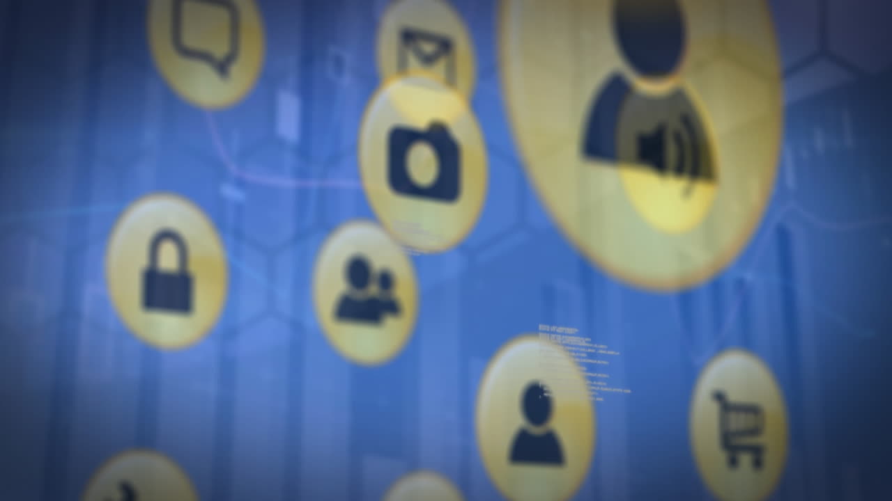 animación del procesamiento de datos financieros y iconos de las redes sociales