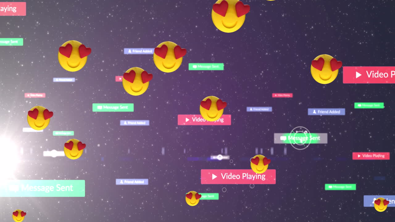 어두운 배경 위에 떨어지는 소셜 미디어 아이콘과 이모지 애니메이션