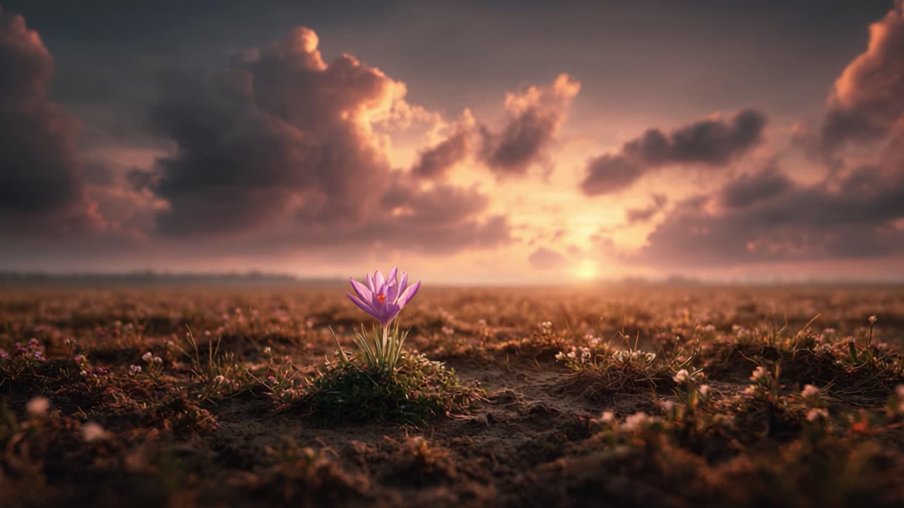 A Resilient Flower Blooms Amidst a Breathtaking Sunset Landscape, Highlighting Nature's Beauty and Tenacity in a Tranquil Rural Scene